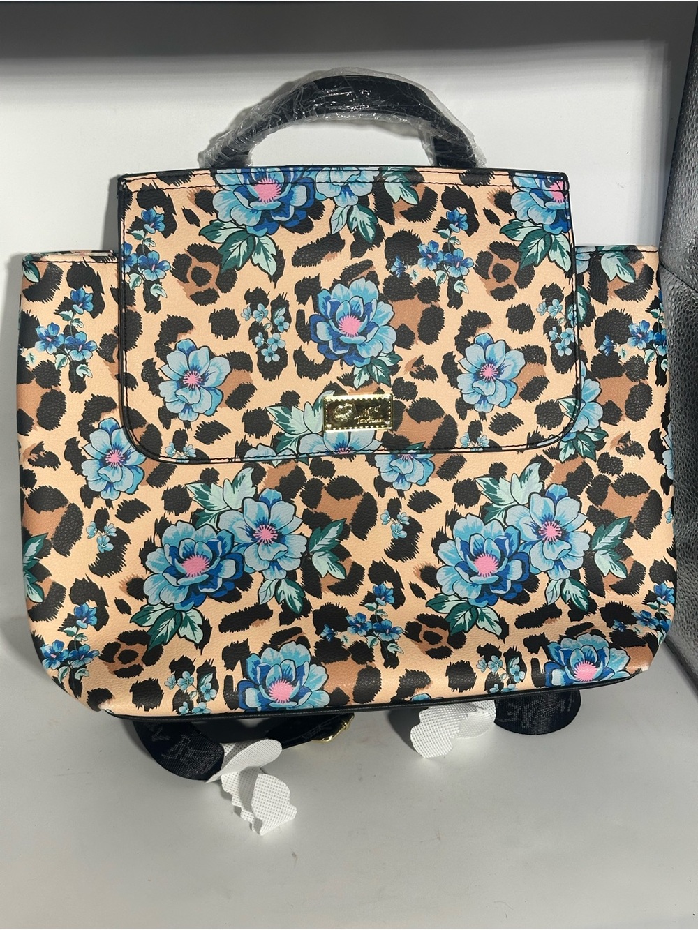Betsy Johnson Floral Leopard Print Top-Handle Satchel - Blue Floral on Tan